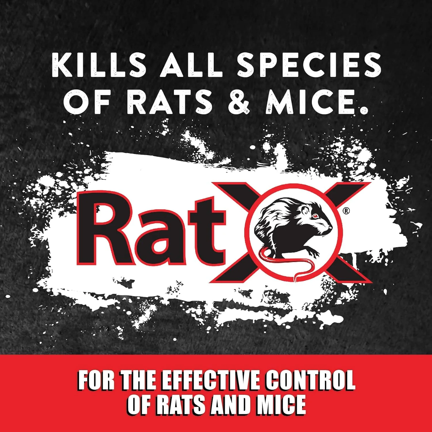 RatX brand lockup on black — kills all species of rats and mice, for the effective control of rats and mice
